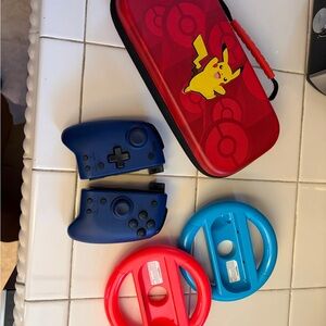 Nintendo Switch Pikachu Case with controllers and racing wheels for controllers